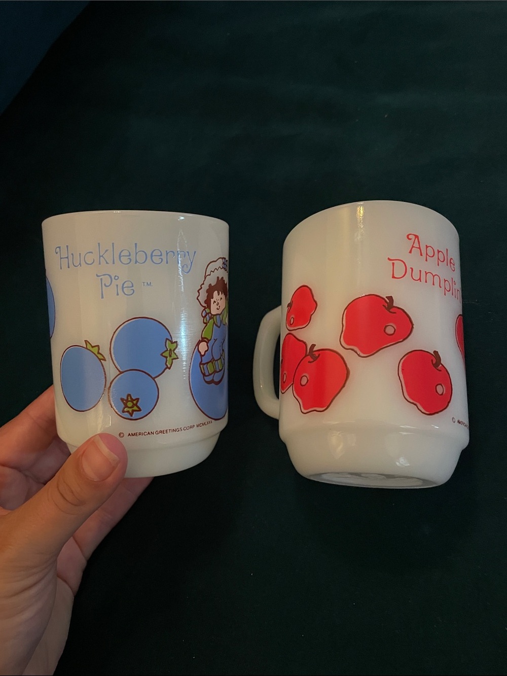 Huckleberry Pie & Apple Dumpling Ceramic Mugs - White with Blue & Red Prints